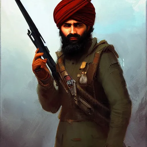 Prompt: handsome, brown - bearded far - future afghan resistance fighter with small turban carrying slender laser rifle with bayonet by greg rutkowski, deak ferrand, anato finnstark, and rembrandt