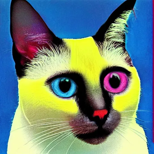 Prompt: a siamese cat that has blue eyes pop art