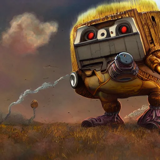 Prompt: hyperdetailed and intricate modok, floating above a rustic field, smoke flows, debris on ground, hyperrealistic, artstation