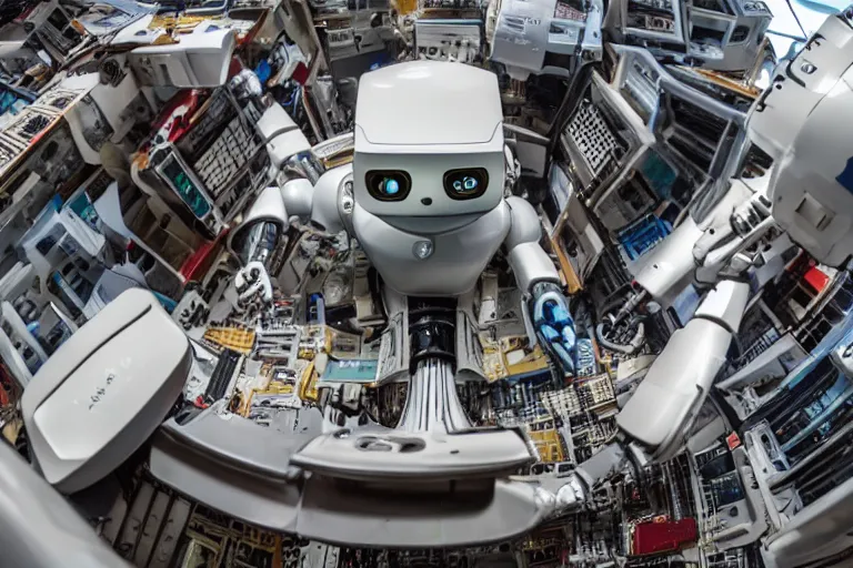 Prompt: wide - angle shot of a robot eating hard drives from a funnel