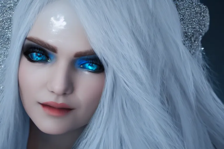 Image similar to Photorealistic render of Malevolent Ice Queen with round ice crystals on forehead in the style of Artstation, 4k Unreal Engine, reflective