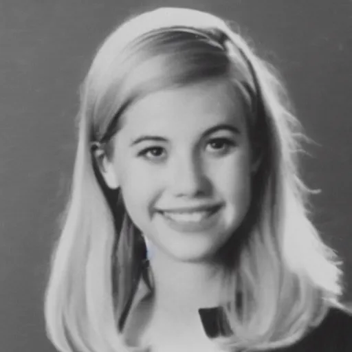 Image similar to a yearbook photo of Betty Cooper in 1966, she has a ponytail and bangs