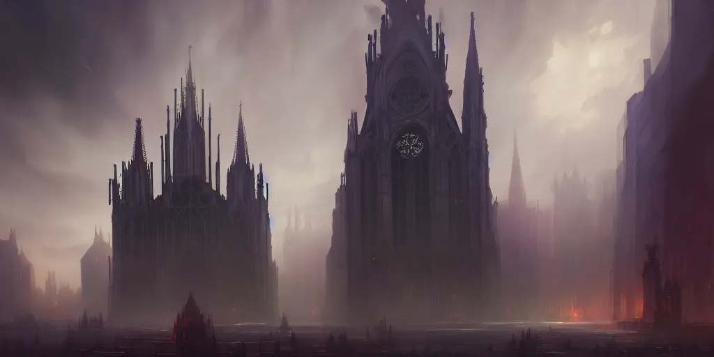 Image similar to a gothic cathedral standing in the middle of a city, extremely detailed digital painting, in the style of fenghua zhong and ruan jia and jeremy lipking and peter mohrbacher, mystical colors, rim light, beautiful lighting, 8 k, stunning scene, raytracing, octane, trending on artstation