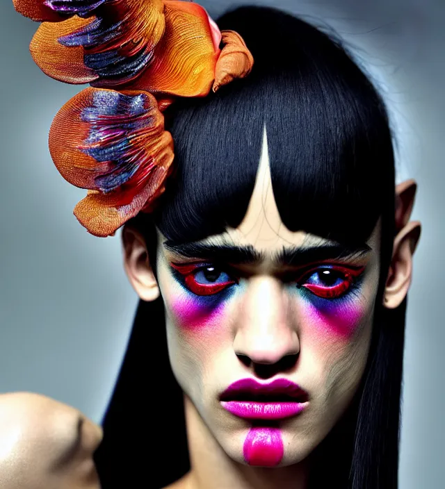 Image similar to photography facial portrait in a gaz station at night of seductive actress sofia boutella with a dressed from * iris van herpen *, with stylish colorfull makeup. intriguing soft back lighting, geisha tattoo, highly detailed, skin grain detail, photography by paolo roversi, nick knight, helmut newton, avedon, araki