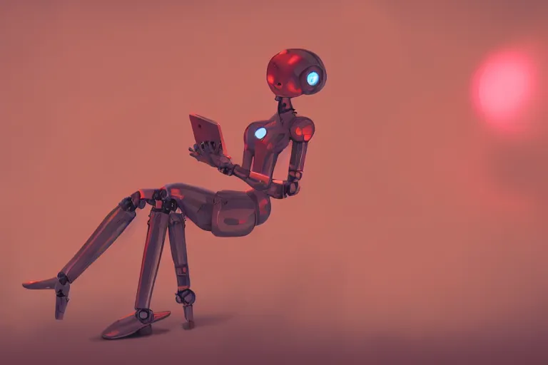 Prompt: a cute robot girl sitting on a bug relaxing, misty, digital art, hazy, foggy, red lighting, ambient lighting, 8 k,