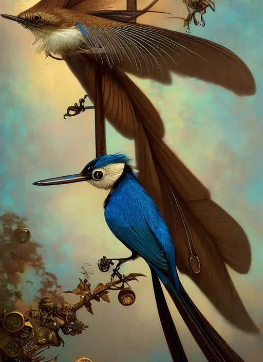 Image similar to hyper realistic paradise flycatcher, refined details, denoised, birds eye view, magical, gems, jewels, gold, steampunk, cyberpunk utopia, painted by tom bagshaw, mucha, gaston bussiere, craig mullins, j. c. leyendecker 8 k