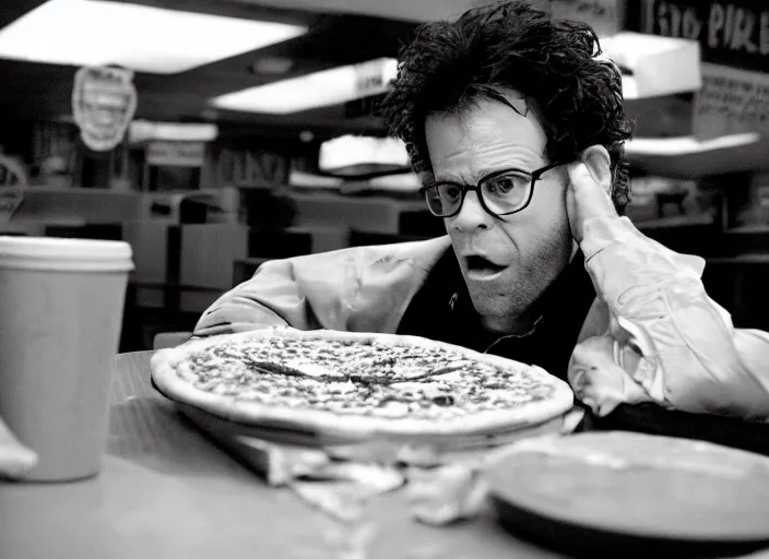 Prompt: charlie kaufman eating pizza at chuck - e - cheese, dramatic lighting, film still from breaking bad ( 2 0 1 0 ), 3 5 mm kodak, 2 4 mm lens, directed by rian johnson