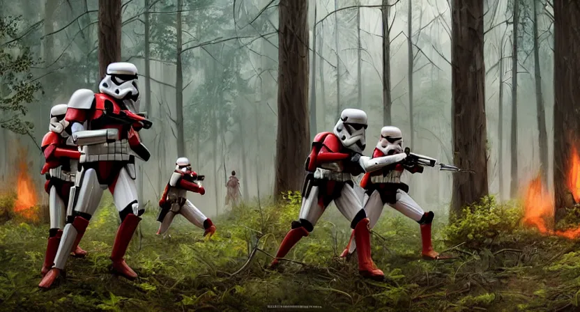 Image similar to stormtroopers shooting red blaster bolts at a young blonde jedi with short hair in a burned lifeless forest with burned trees and plants concept art by Doug Chiang cinematic, realistic painting, high definition, digital art, symmetrical, very detailed, extremely high detail, photo realistic, concept art, unreal engine 5, the Mandalorian concept art style