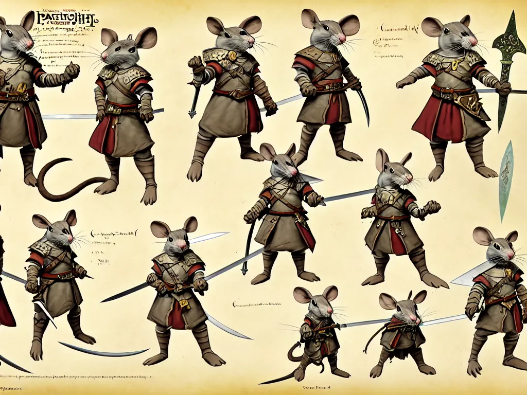 Image similar to character design sheet for a heroic mouse knight with sword and shield on a parchment background, redwall, greg rutowski and jean baptiste monge, very very detailed, epic fantasy concept art