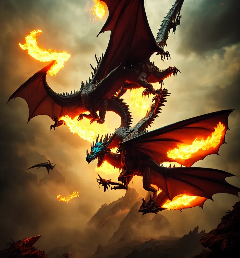 Image similar to fantasy creature setting, a flying dragon with huge wings, scales, smoke, fire by andreas rocha, peter mohrbacher, monster hunter rise 8 k 3 d photoreal rich detail photography