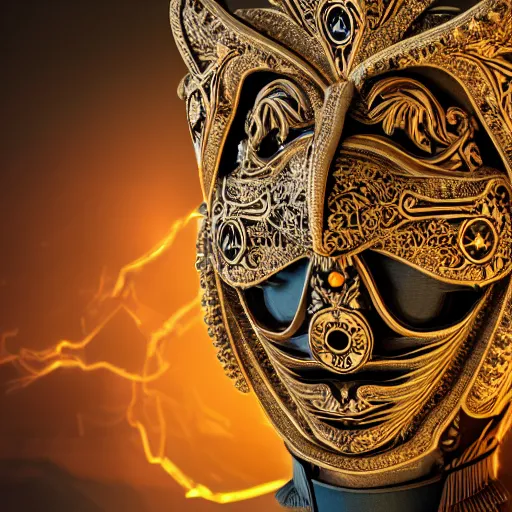 Image similar to an elaborate intricate mask in a tornado, rendered in octane, behance hd, bokeh backdrop