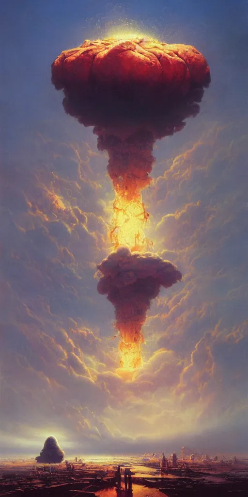 Image similar to A gigantic Mushroom Cloud from a colossal Atomic explosion in Mumbai, by Bruce Pennington, by Wayne Barlowe, by Greg Rutkowski, oil on canvas, masterpiece, detailed, dynamic, cinematic composition, beautiful lighting, view from ground, trending on artstation, top on pixiv, 8K, no frames,