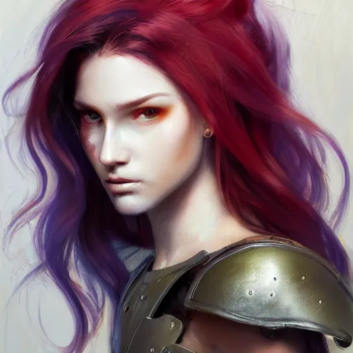 Image similar to a professional painting of a beautiful young female with hair dyed half red and half white, partially clothed in battle armor, olive skin, long dark hair, beautiful bone structure, upper body, symmetrical facial features, intricate, elegant, digital painting, concept art, smooth, sharp focus, illustration, from Metal Gear, by Ruan Jia and Mandy Jurgens and Greg Rutkowski and Artgerm and William-Adolphe Bouguerea and artgerm