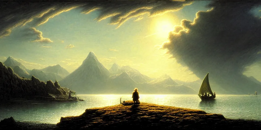 Image similar to lord of the rings scenery landscape, a hobbit out at a staring across the sea from the shore at a white timber sail boat leaving harbour, evening bright stars, highly detailed, vivid colour, soft clouds, cinematic lighting, perfect composition, gustave dore, derek zabrocki, greg rutkowski, belsinski