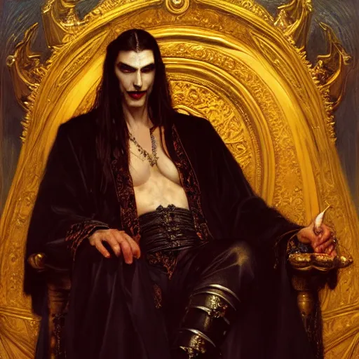 Image similar to perfectly centered portrait of attractive vampire king in a robe sitting on a throne of bones, highly detailed painting by gaston bussiere, craig mullins, j. c. leyendecker, 8 k