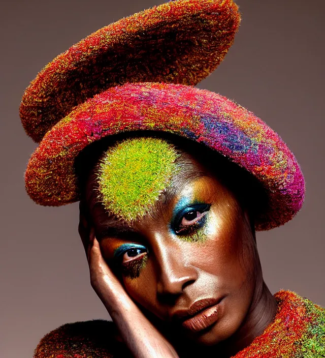 Image similar to photography facial portrait of naomi campell, natural background, natural pose, wearing a stunning hat by iris van herpen, with a colorfull - makeup. highly detailed, skin grain detail, photography by paolo roversi, nick knight, helmut newton, avedon, araki