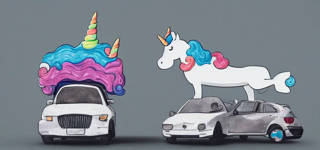 Prompt: a unicorn with a car on its head