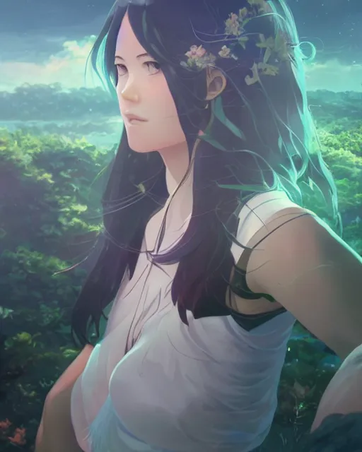 Prompt: goddess of all life is in touch with nature, full shot, atmospheric lighting, detailed face, by makoto shinkai, stanley artgerm lau, wlop, rossdraws