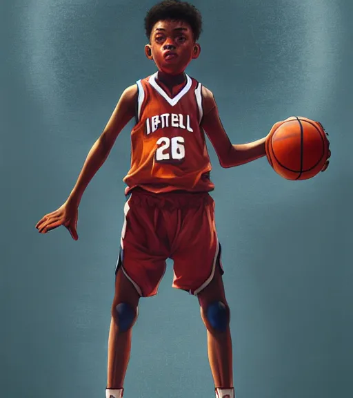 Prompt: portrait of a boy at a basketball court playing basketball wearing a basketball uniform in a basketball court, intense emotion, intricate, elegant, highly detailed, centered, digital painting, artstation, concept art, smooth, sharp focus, illustration, by Peter Mohrbacher, WLOP