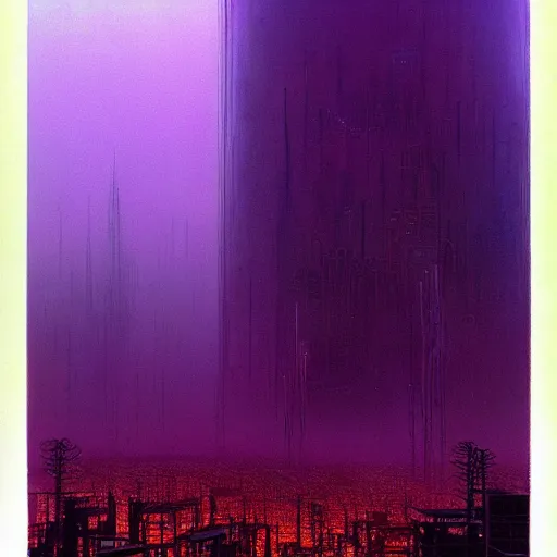 Prompt: perfect Cyberpunk city engulfed in a purple mist. Tsutomu Nihei, Zdzisław Beksiński, Art station.