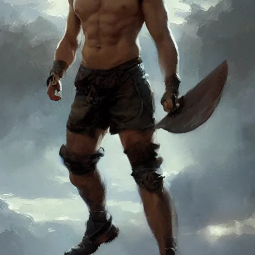 Image similar to young warrior marching toward the viewer, male, muscular, blue eyes!!!!, straight nose!!!, detailed face, exposed thighs!!!, highly detailed, painting by greg rutkowski