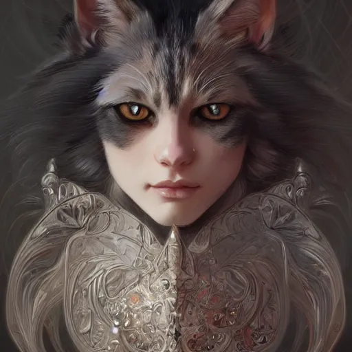 Image similar to beautiful cat, closeup, d & d, fantasy, intricate, elegant, highly detailed, digital painting, artstation, concept art, matte, sharp focus, illustration, art by artgerm and greg rutkowski and alphonse mucha