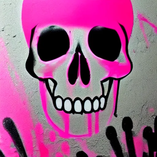 Image similar to a pink cartoon skull spray painted on a black background with dripping pink spray paint, three fourths view, graffiti, black background!!!!!