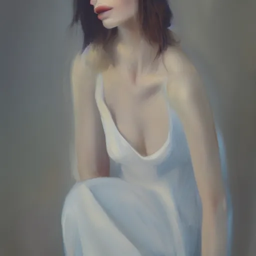 Prompt: a vogue model, oil painting, pale colors, high detail, 8 k, wide angle, trending on artstation,