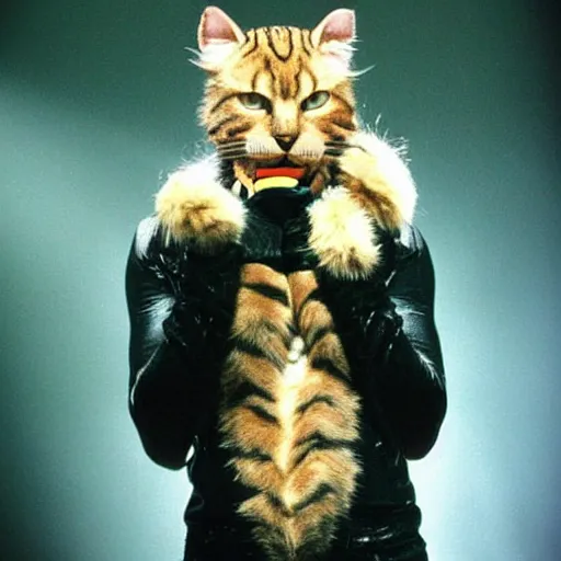 Image similar to 📷 john partridge playing rum tum tugger, spike collar, fluffy neck, cats the musical 🎶, 1 9 9 8 version, professional cat - like makeup, stunning choreography and lighting