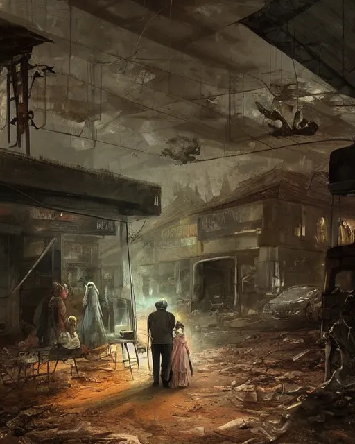 Prompt: a highly detailed epic cinematic concept art CG render digital painting artwork: old dead couple at a decayed gas station surrounded by dark figures. By Greg Rutkowski, in the style of Francis Bacon and Syd Mead and Edward Hopper and Norman Rockwell and Beksinski, open ceiling, highly detailed, painted by Francis Bacon, painted by James Gilleard, surrealism, airbrush, Ilya Kuvshinov, WLOP, Stanley Artgerm, very coherent, triadic color scheme, art by Takato Yamamoto and James Jean