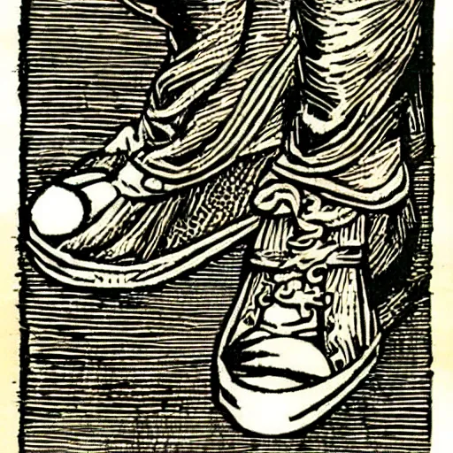 Prompt: woodcut of medieval sneakers