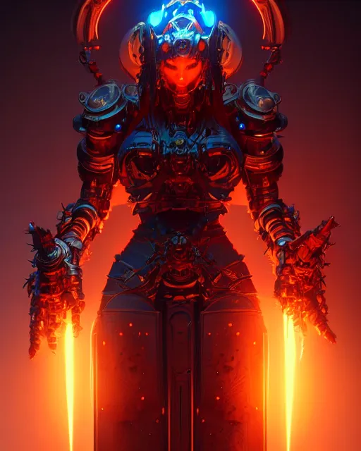 Image similar to diablo action game robot shaman by artgerm, greg rutkowski, alphonse mucha, cgsociety and beeple highly detailed, sharp focus, cinematic lighting, illustration, art, octane render, unreal engine lumen, very coherent. cinematic, hyper realism, high detail, octane render, 8 k