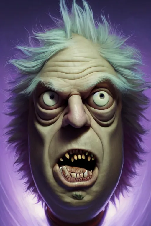 Image similar to Boris Johnson as crazy genius Rick Sanchez from Rick and Morty, unibrow, white robe, big eyes, realistic portrait, symmetrical, highly detailed, digital painting, artstation, concept art, smooth, sharp focus, illustration, cinematic lighting, art by artgerm and greg rutkowski and alphonse mucha