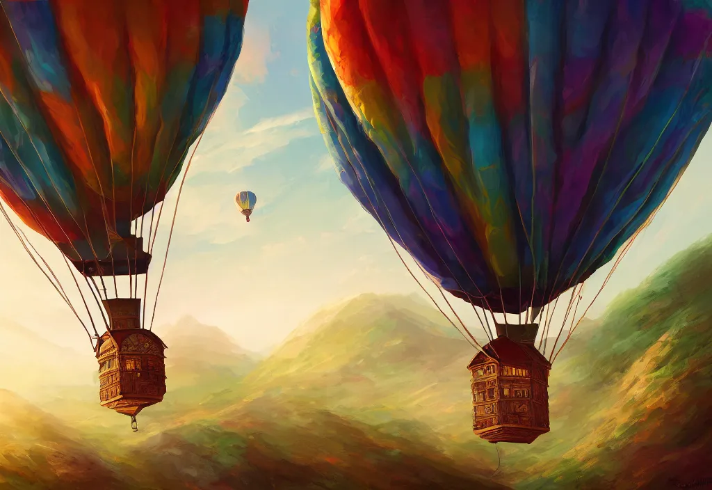 Image similar to old colorful air balloon, epic fantasy, detailed, intricate, digital painting, concept art, realistic, smooth, focus, rim light