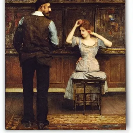 Image similar to a man and a woman solving an escape room puzzle alfred stevens