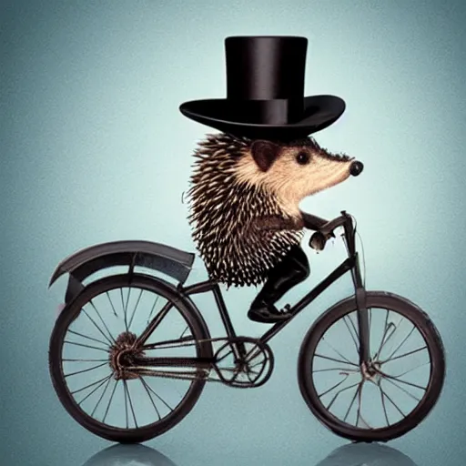 Image similar to a photo of a hedgehog riding a bicycle and wearing a top hat