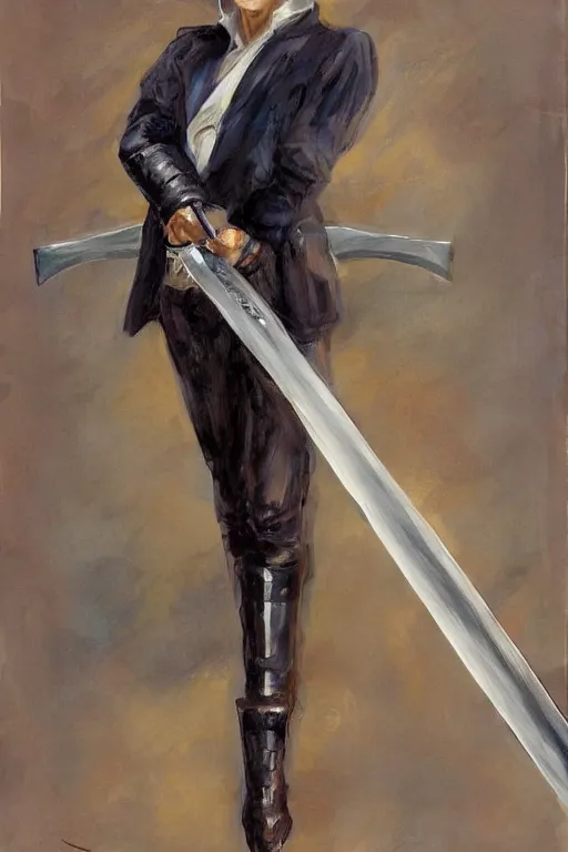 Image similar to speedwagon holding a sword, painting