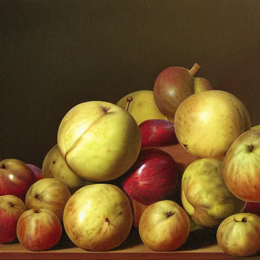 Prompt: grapes, figs, apples, plums. melon watermelon pears, still-life, by David Brown, matte,