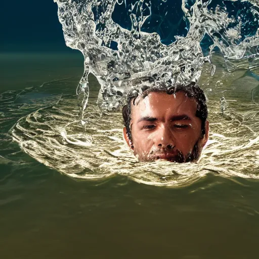 Prompt: spilling water creating a human head out of water, on the ocean water, ray tracing, realistic water sharp focus, long shot, 8 k resolution, cinematic, amazing water art
