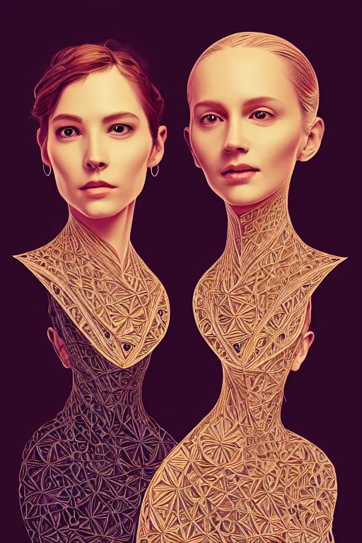 Prompt: portrait of two wise and very beautiful computational linguists, intricate, elegant, highly detailed, smooth, sharp focus, artstation