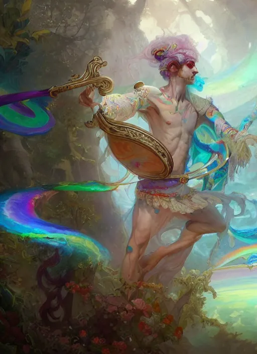 Image similar to a beautiful detailed painting of a gypsy male bard in colorful rainbow firion ornate robes robes, pale skin, white hair, master of dreams art by jon foster trending on artstation painted by greg rutkowski, painted by peter mohrbacher