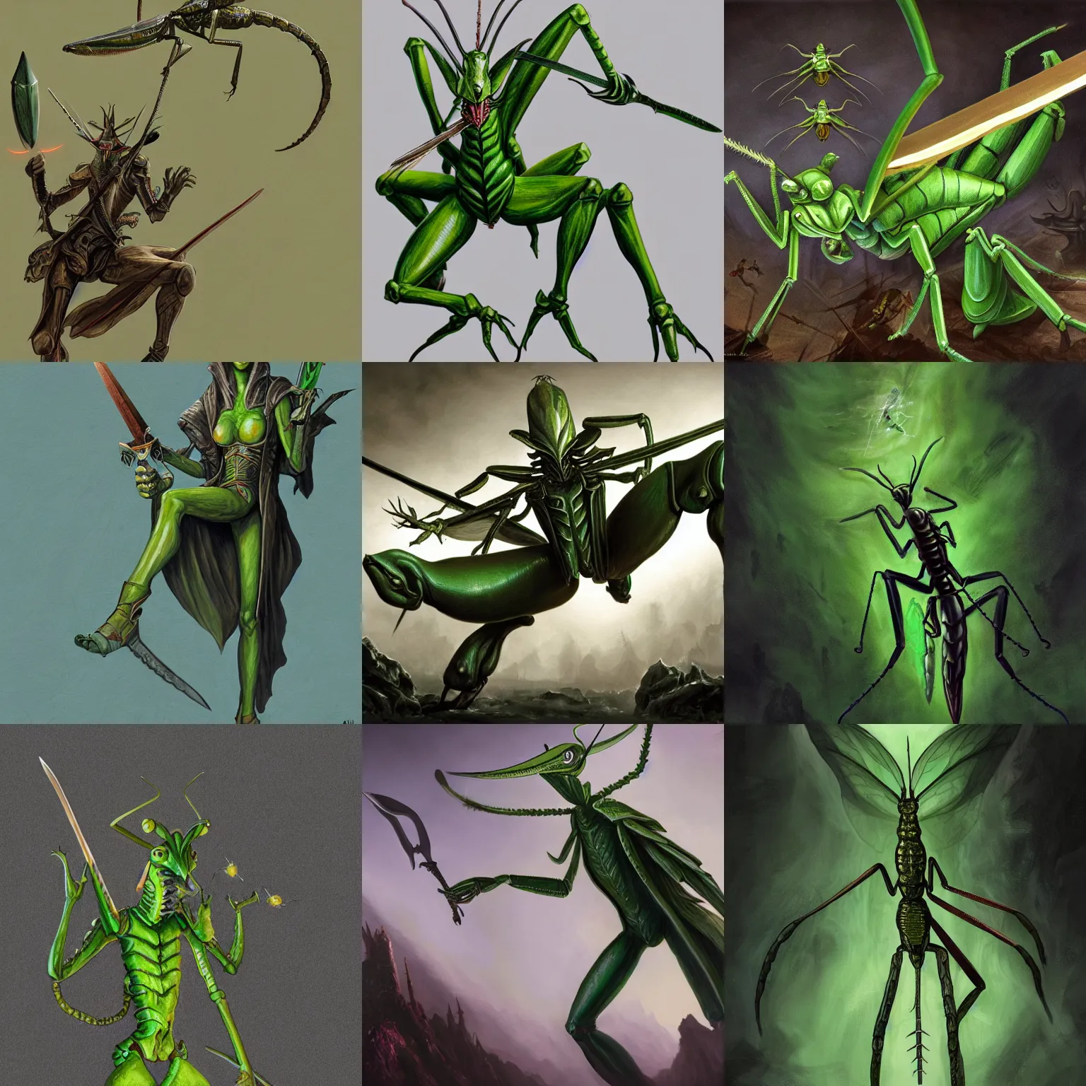 Prompt: full shot of green human - sized mantis religiosa as a d & d rogue holding a magic dagger ; 6 legs ; hestiastula head with antennae ; mantid features ; medieval ; elegant ; design ; fantasy drawing ; illustration ; artstation ; 8 k ; wallpapers ; heavy contrast ; cinematic art ; cgsociety ; art by greg rutkowski and thomas