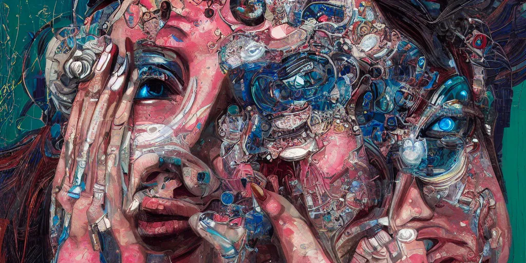 Prompt: full view portrait of cyborg woman crying, in the style of jin kagetsu and james jean, background by beatriz milhazes, highly detailed, face symmetry, masterpiece, sharp focus, realistic intricate concept art, dramatic lighting, 8 k