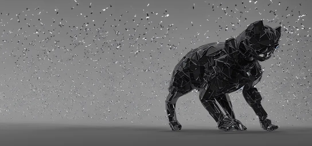 Image similar to nanobots swarm forming shapes of a cyborg cat and a cyborg cat, monochrome, ferroluid, hybrid, black and white artistic photo, artstation, futuristic, scifi style