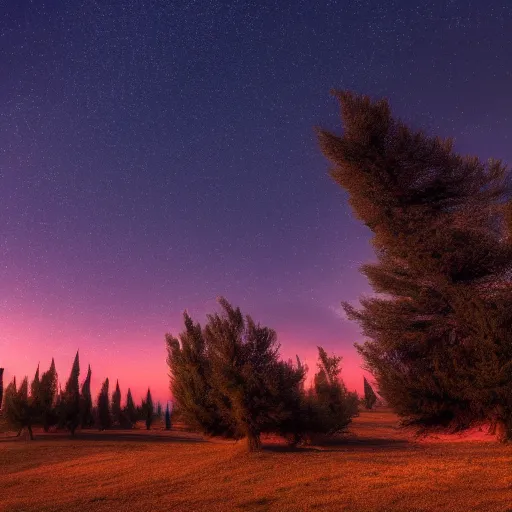 Prompt: night landscape with cypress trees soft colours high resolution 4 k wallpaper