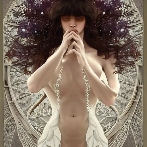 Image similar to a photograpic portrait of a anthropomorphic mimosa wearing white clothes, fantasy, intricate, elegant, highly detailed, digital painting, artstation, concept art, smooth, sharp focus, illustration, art by artgerm and H R Giger and alphonse mucha