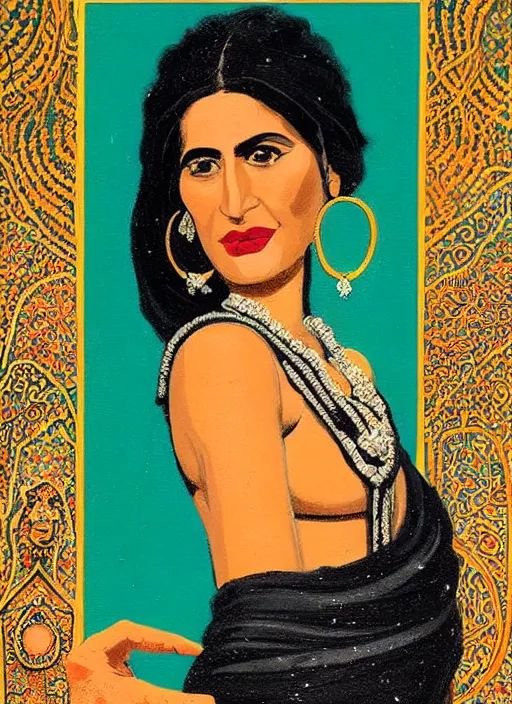 Image similar to an extreme close - up portrait of an ancient persian jewelry saleswoman in a scenic representation of mother nature and the meaning of life by billy childish, thick visible brush strokes, shadowy landscape painting in the background by beal gifford, vintage postcard illustration, minimalist cover art by mitchell hooks