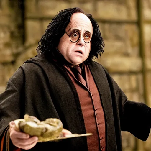 Prompt: Danny Devito as Serverus Snape, still image from Harry Potter movie