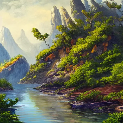 Image similar to detailed painting of a lush natural scene on an alien planet by stephen wong. beautiful landscape. weird vegetation. cliffs and water.