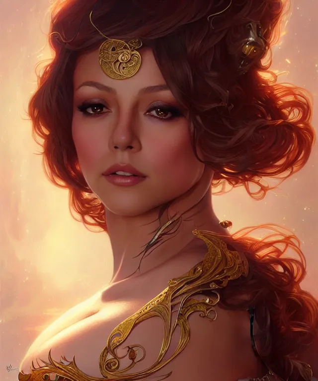 Image similar to Mariah Carry as a fantasy magic woman portrait, sci-fi, amber eyes, face, long hair, fantasy, intricate, elegant, highly detailed, digital painting, artstation, concept art, smooth, sharp focus, illustration, art by artgerm and greg rutkowski and alphonse mucha